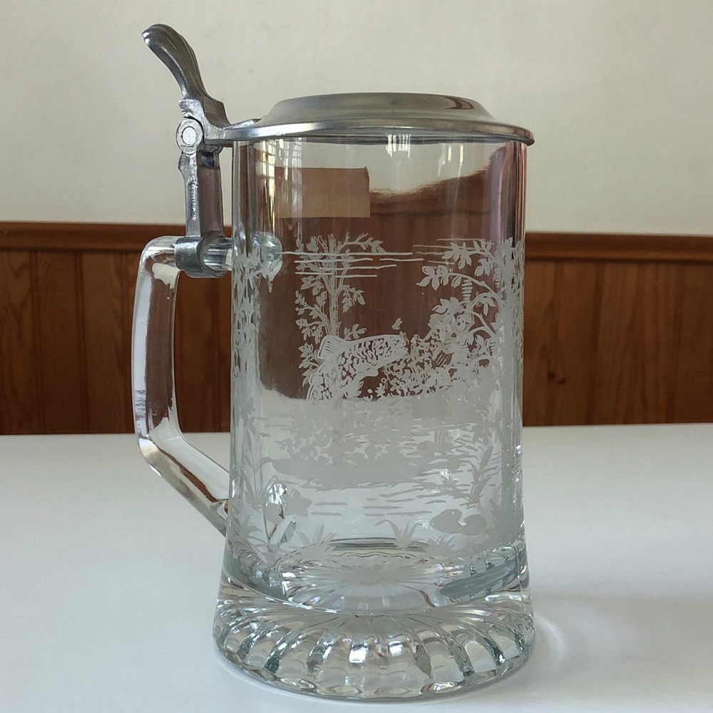 Vintage West Germany Etched Glass Beer Stein Pewter Lid Fishing Scene